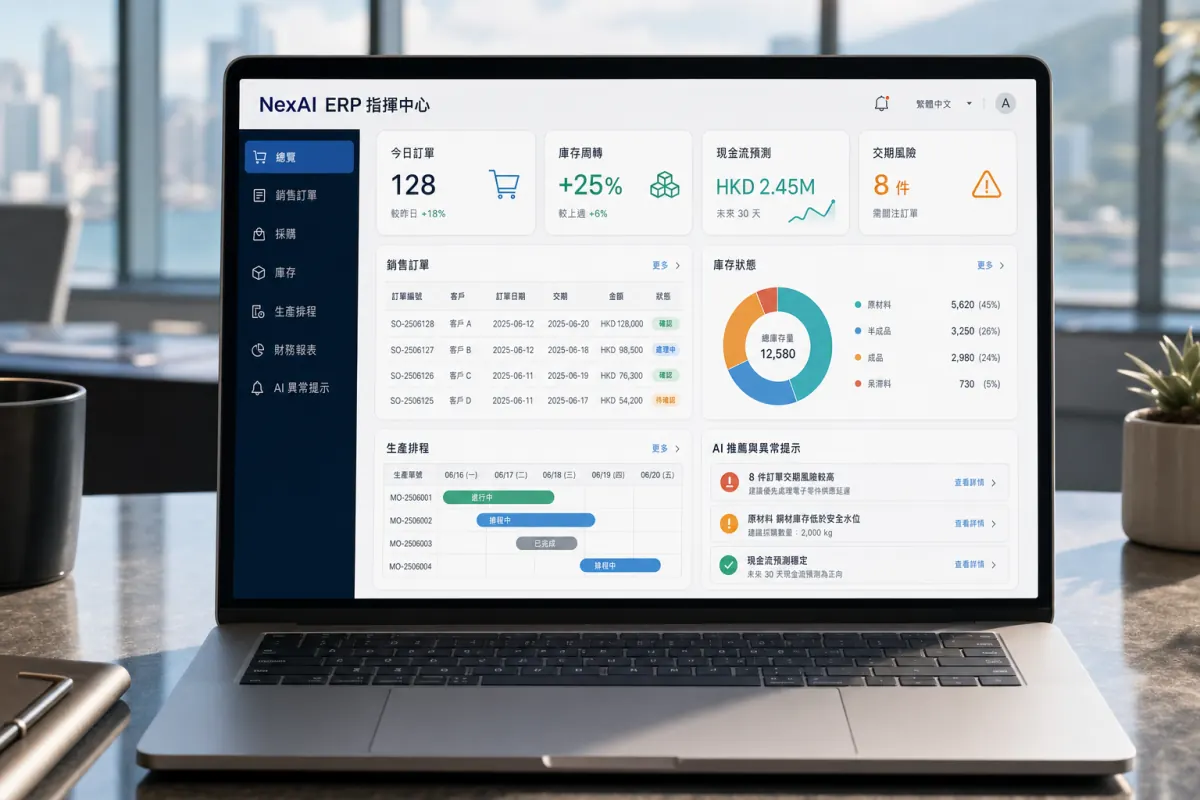 NexAI ERP 筆記本電腦指揮中心介面